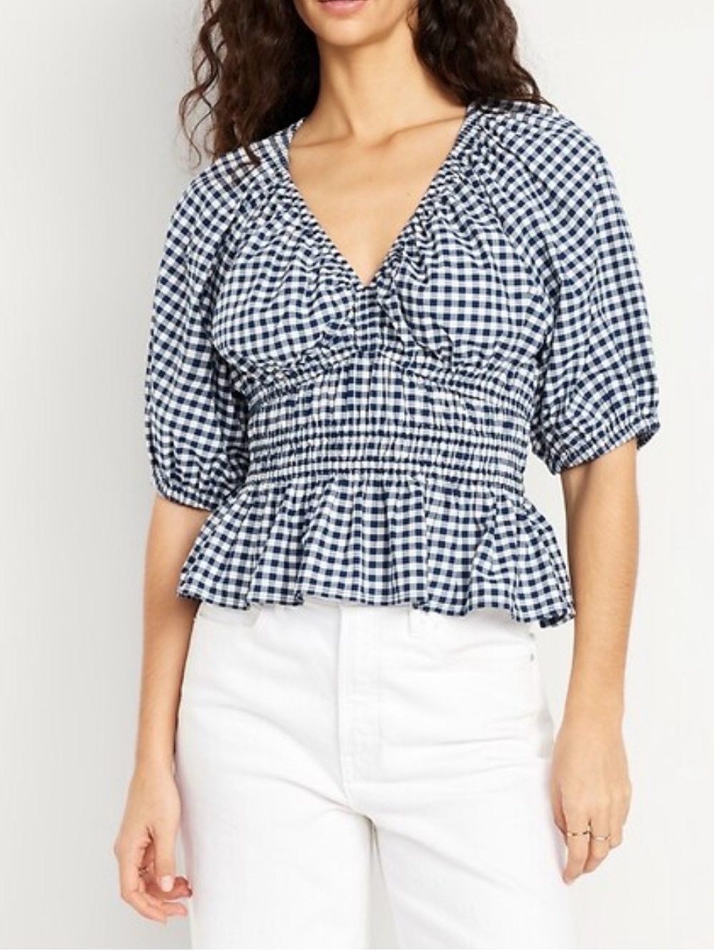 Gingham Puff-Sleeve V-Neck Top